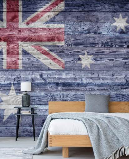 bandeira australiana azul, branca e vermelha em painéis de madeira papel de parede