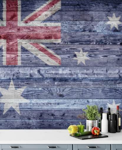 blauwe, witte en rode Australische vlag op houten panelen behang