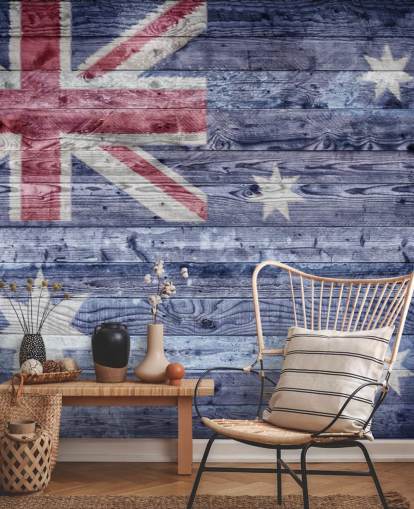 blauwe, witte en rode Australische vlag op houten panelen behang