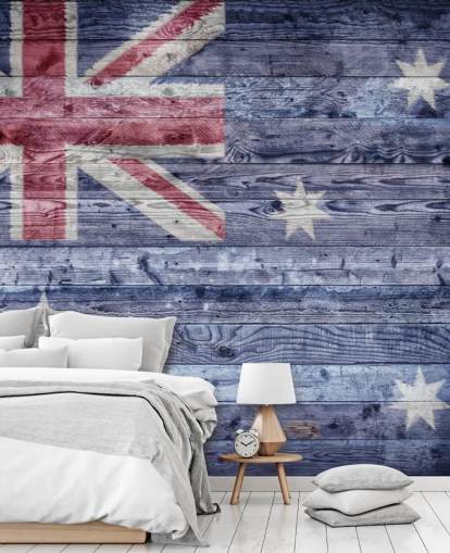 blue, white and red australian flag on wood panels wallpaper