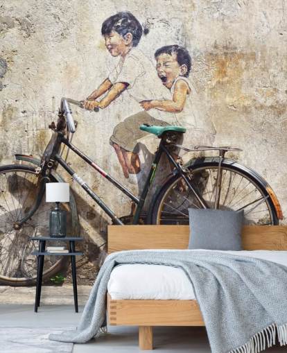 banksy style wallpaper mural called Little Children on a Bicycle for bedrooms, businesses and offices banksy style wallpaper mural called Little Children on a Bicycle for bedrooms, businesses and offices