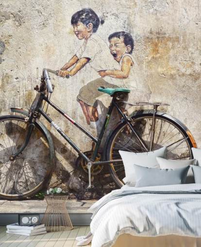 banksy style wallpaper mural called Little Children on a Bicycle for bedrooms, businesses and offices banksy style wallpaper mural called Little Children on a Bicycle for bedrooms, businesses and offices