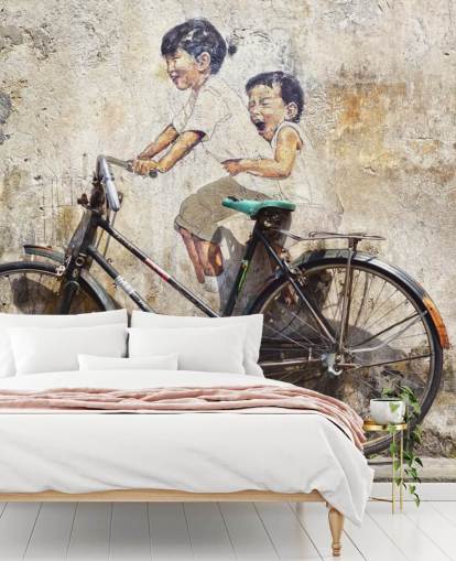 muurschildering in banksy stijl genaamd Little Children on a Bicycle voor slaapkamers, bedrijven en kantoren