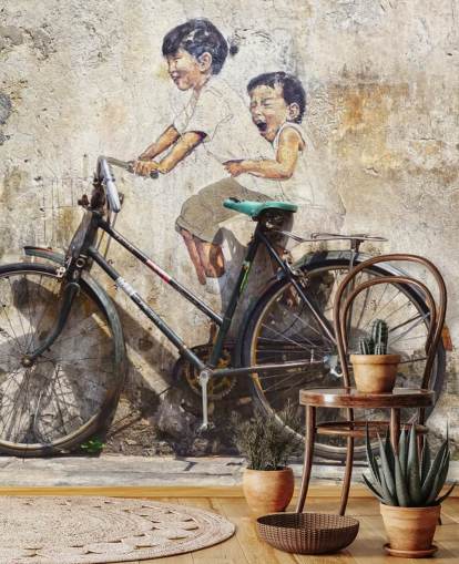 Tapeten-Wandbild im Banksy-Stil mit dem Titel Little Children on a Bicycle für Schlafzimmer, Geschäfte und Büros Tapeten-Wandbild im Banksy-Stil mit dem Titel Little Children on a Bicycle für Schlafzimmer, Geschäfte und Büros
