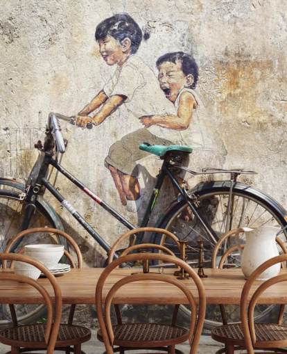 mural de papel pintado estilo Banksy llamado Little Children on a Bicycle para dormitorios, negocios y oficinas