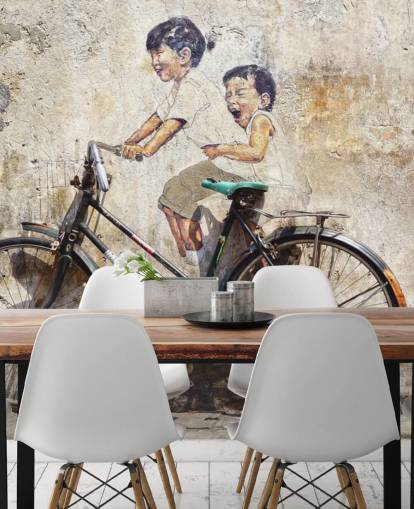 mural de papel de parede em estilo banksy chamado Little Children on a Bicycle para quartos, empresas e escritórios mural de papel de parede em estilo banksy chamado Little Children on a Bicycle para quartos, empresas e escritórios