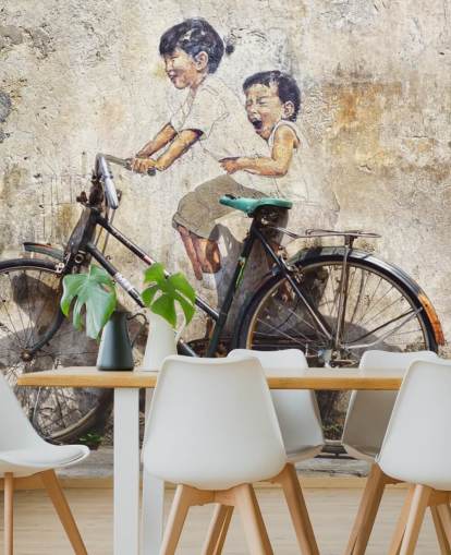 papier peint mural de style Banksy intitulé Little Children on a Bicycle pour les chambres, les entreprises et les bureaux