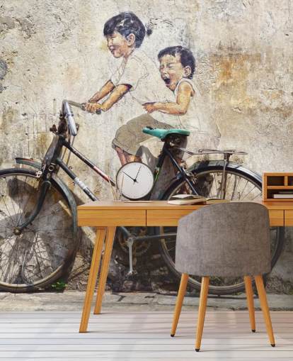 banksy style wallpaper mural called Little Children on a Bicycle for bedrooms, businesses and offices banksy style wallpaper mural called Little Children on a Bicycle for bedrooms, businesses and offices