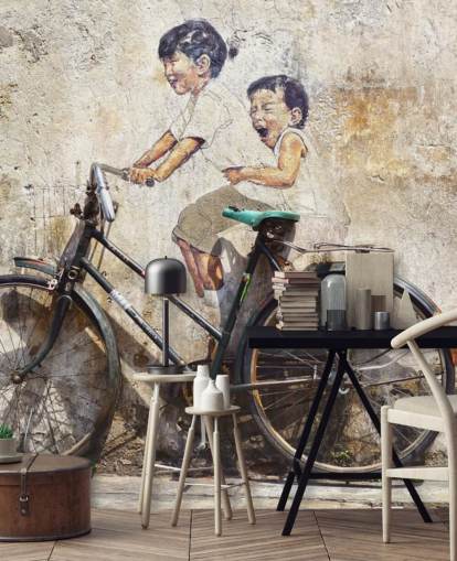 Banksy stil tapetväggmålning som heter Little Children on a Bicycle för sovrum, företag och kontor Banksy stil tapetväggmålning som heter Little Children on a Bicycle för sovrum, företag och kontor