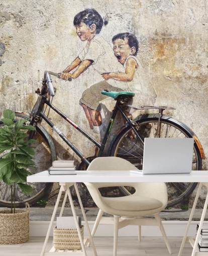 mural de papel pintado estilo Banksy llamado Little Children on a Bicycle para dormitorios, negocios y oficinas