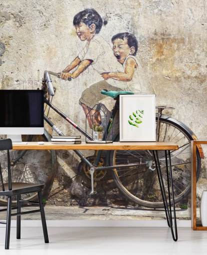 mural de papel pintado estilo Banksy llamado Little Children on a Bicycle para dormitorios, negocios y oficinas