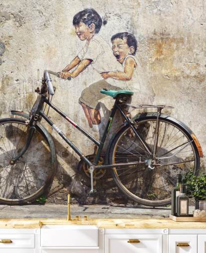 banksy style wallpaper mural called Little Children on a Bicycle for bedrooms, businesses and offices