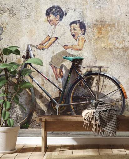 Tapeten-Wandbild im Banksy-Stil mit dem Titel Little Children on a Bicycle für Schlafzimmer, Geschäfte und Büros Tapeten-Wandbild im Banksy-Stil mit dem Titel Little Children on a Bicycle für Schlafzimmer, Geschäfte und Büros