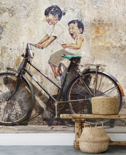 mural de papel pintado estilo Banksy llamado Little Children on a Bicycle para dormitorios, negocios y oficinas