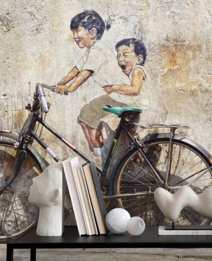 mural de papel pintado estilo Banksy llamado Little Children on a Bicycle para dormitorios, negocios y oficinas