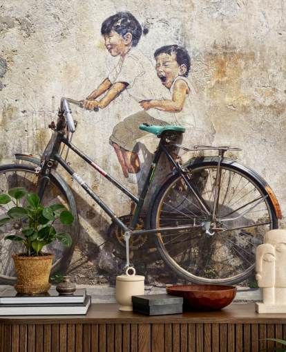 banksy style wallpaper mural called Little Children on a Bicycle for bedrooms, businesses and offices