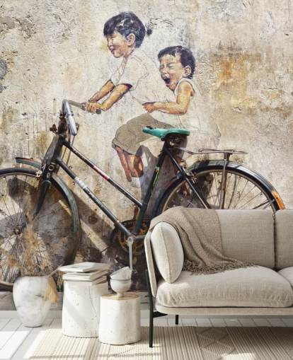mural de papel pintado estilo Banksy llamado Little Children on a Bicycle para dormitorios, negocios y oficinas