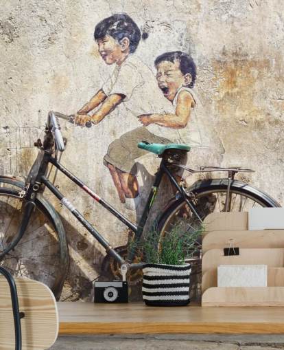 Tapeten-Wandbild im Banksy-Stil mit dem Titel Little Children on a Bicycle für Schlafzimmer, Geschäfte und Büros