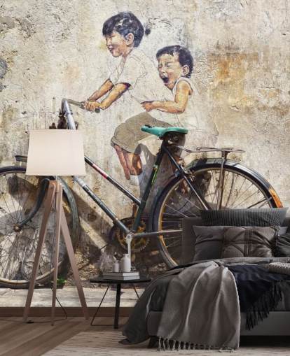 banksy style wallpaper mural called Little Children on a Bicycle for bedrooms, businesses and offices banksy style wallpaper mural called Little Children on a Bicycle for bedrooms, businesses and offices