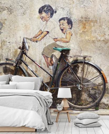 tapetmaleri i banksy-stil kaldet Little Children on a Bicycle til soveværelser, virksomheder og kontorer