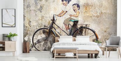 Little Children on a Bicycle Wall Mural Wallsauce US