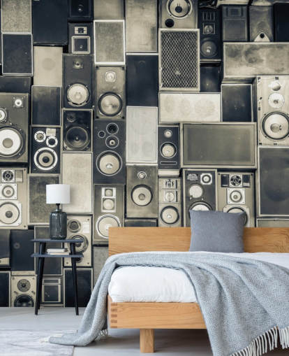black and white customisable speaker wallpaper called Music Speakers Wall Monochrome for bedroom