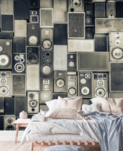 papel pintado de altavoz personalizable en blanco y negro llamado Music Speakers Wall Monochrome para dormitorio