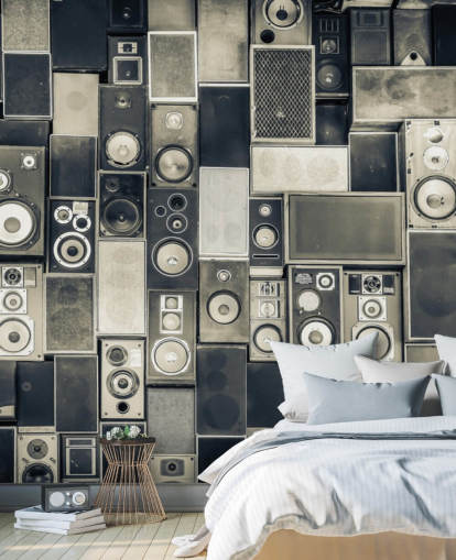 papier peint de haut-parleur personnalisable en noir et blanc appelé Music Speakers Wall Monochrome pour chambre