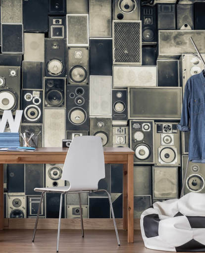 zwart-wit aanpasbaar luidsprekerbehang genaamd Music Speakers Wall Monochrome voor slaapkamer
