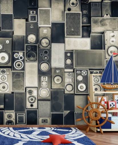 black and white customisable speaker wallpaper called Music Speakers Wall Monochrome for bedroom