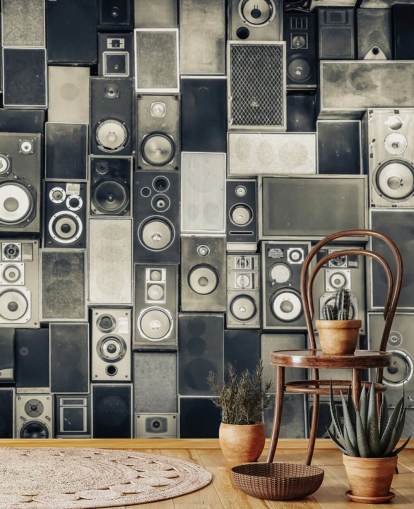 black and white customisable speaker wallpaper called Music Speakers Wall Monochrome for bedroom