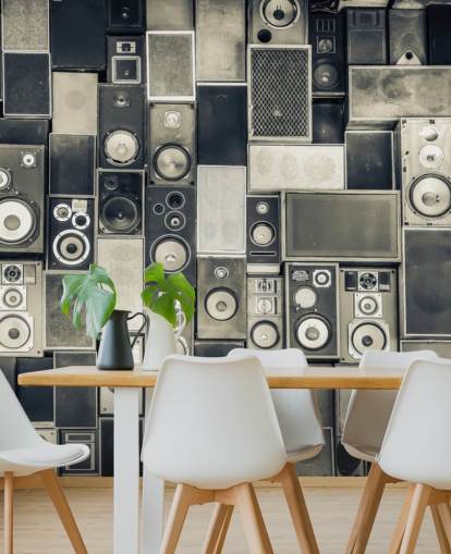 schwarz-weiße anpassbare Lautsprecher-Tapete namens Music Speakers Wall Monochrome für Schlafzimmer