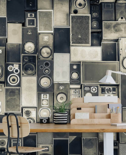 black and white customisable speaker wallpaper called Music Speakers Wall Monochrome for bedroom