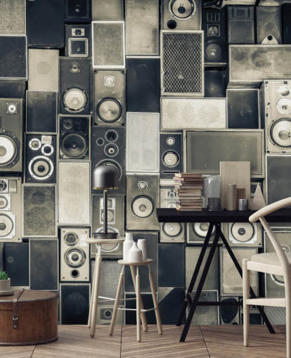 papel de parede de alto-falante personalizável em preto e branco chamado Music Speakers Wall Monochrome para quarto