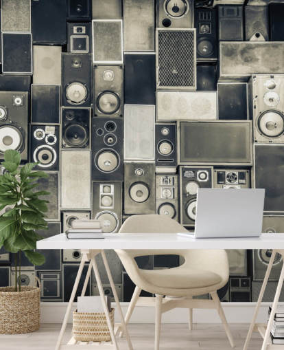 black and white customizable speaker wallpaper called Music Speakers Wall Monochrome for bedroom