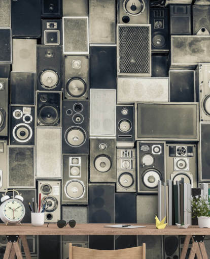 papel pintado de altavoz personalizable en blanco y negro llamado Music Speakers Wall Monochrome para dormitorio