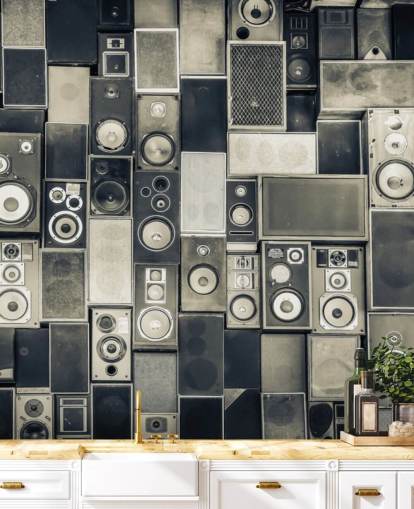 papel de parede de alto-falante personalizável em preto e branco chamado Music Speakers Wall Monochrome para quarto