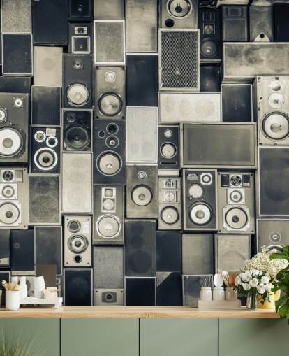 papier peint de haut-parleur personnalisable en noir et blanc appelé Music Speakers Wall Monochrome pour chambre