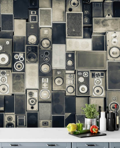 sort/hvid tilpasselig højttaler tapet kaldet Music Speakers Wall Monochrome til soveværelse