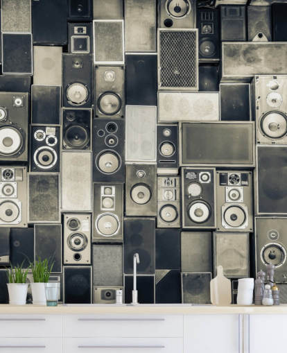 papel de parede de alto-falante personalizável em preto e branco chamado Music Speakers Wall Monochrome para quarto papel de parede de alto-falante personalizável em preto e branco chamado Music Speakers Wall Monochrome para quarto