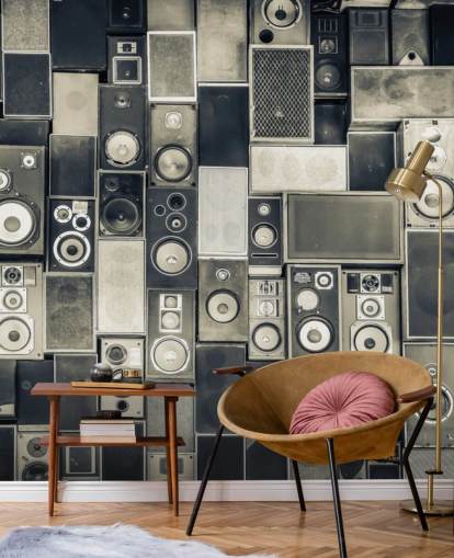 zwart-wit aanpasbaar luidsprekerbehang genaamd Music Speakers Wall Monochrome voor slaapkamer