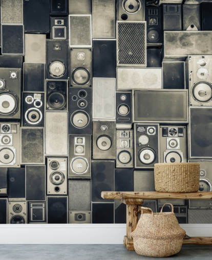 black and white customisable speaker wallpaper called Music Speakers Wall Monochrome for bedroom