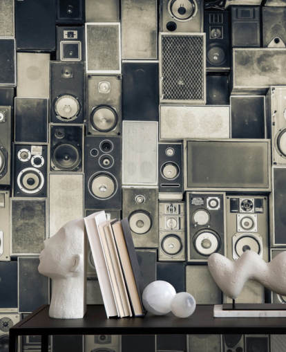 schwarz-weiße anpassbare Lautsprecher-Tapete namens Music Speakers Wall Monochrome für Schlafzimmer