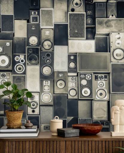 svart-hvitt tilpassbar høyttaler tapet kalt Music Speakers Wall Monochrome for soverom