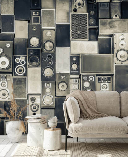zwart-wit aanpasbaar luidsprekerbehang genaamd Music Speakers Wall Monochrome voor slaapkamer