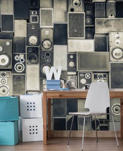 schwarz-weiße anpassbare Lautsprecher-Tapete namens Music Speakers Wall Monochrome für Schlafzimmer