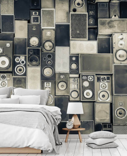 papier peint de haut-parleur personnalisable en noir et blanc appelé Music Speakers Wall Monochrome pour chambre