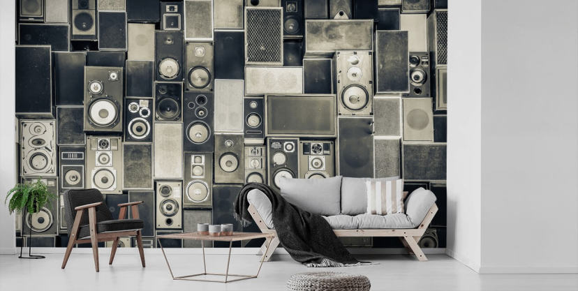 papel pintado de altavoz personalizable en blanco y negro llamado Music Speakers Wall Monochrome para dormitorio