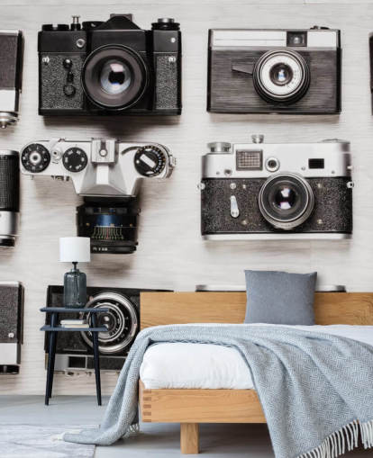 Black and White Collage of Vintage Cameras Wallpaper