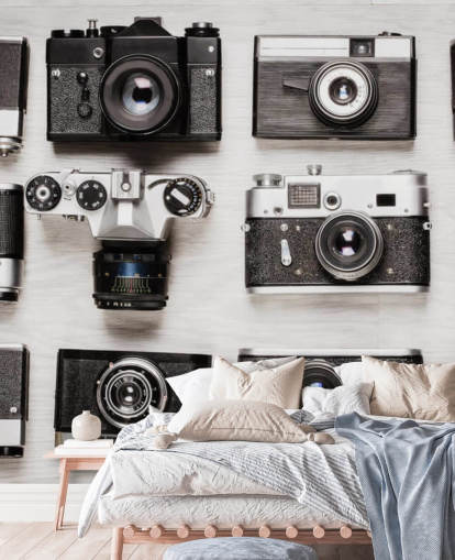 Black and White Collage of Vintage Cameras Wallpaper